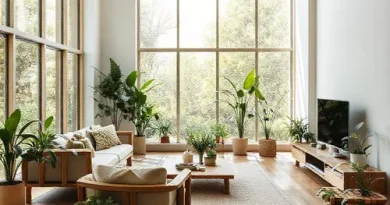 Desain interior rumah minimalis modern dengan sentuhan green design, menggunakan material ramah lingkungan dan pencahayaan alami