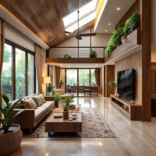 Desain interior rumah type 36 2 lantai dengan sentuhan alami menggunakan kayu dan batu