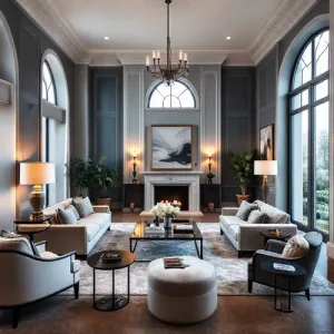 Ruang tamu minimalis elegan dengan cat putih dan aksen emas, menciptakan suasana mewah dan modern