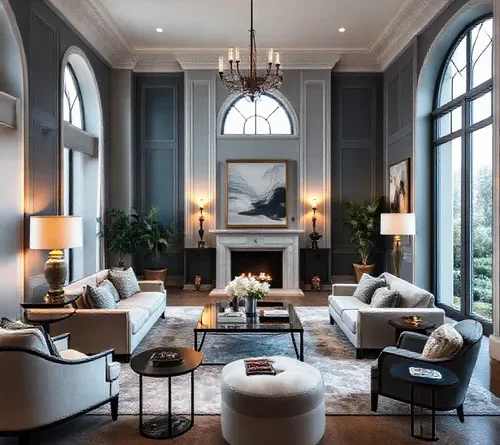 Ruang tamu minimalis elegan dengan cat putih dan aksen emas, menciptakan suasana mewah dan modern