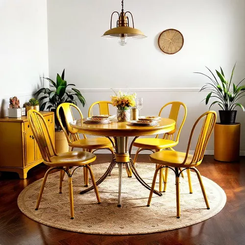 Aksesori kuning mustard di ruang makan vintage Aksesori kuning mustard di ruang makan vintage