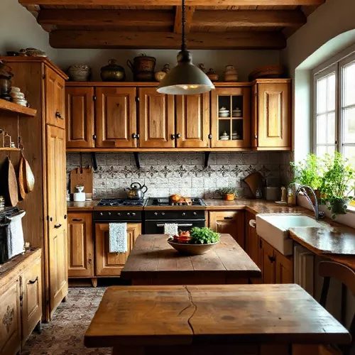 Dapur vintage minimalis dengan kabinet kayu dan aksesoris vintage-interior splusa.id