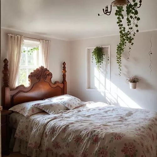 Kamar tidur vintage minimalis dengan headboard kayu ukiran dan bedsheet bermotif bunga-bunga kecil-interior splusa.id