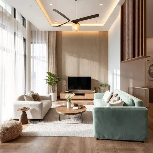 Ruang tamu dengan warna netral dan aksen vintage-interior splusa.id