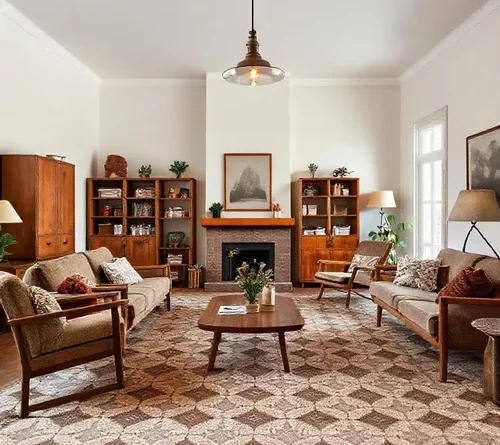 Ruang tamu vintage minimalis dengan furniture kayu dan aksen vintage-interior splusa.id