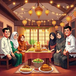 ilustrasi Suasana perayaan Lebaran di sebuah rumah tradisional Indonesia
