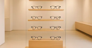 Display kacamata modern yang menarik di toko kacamata