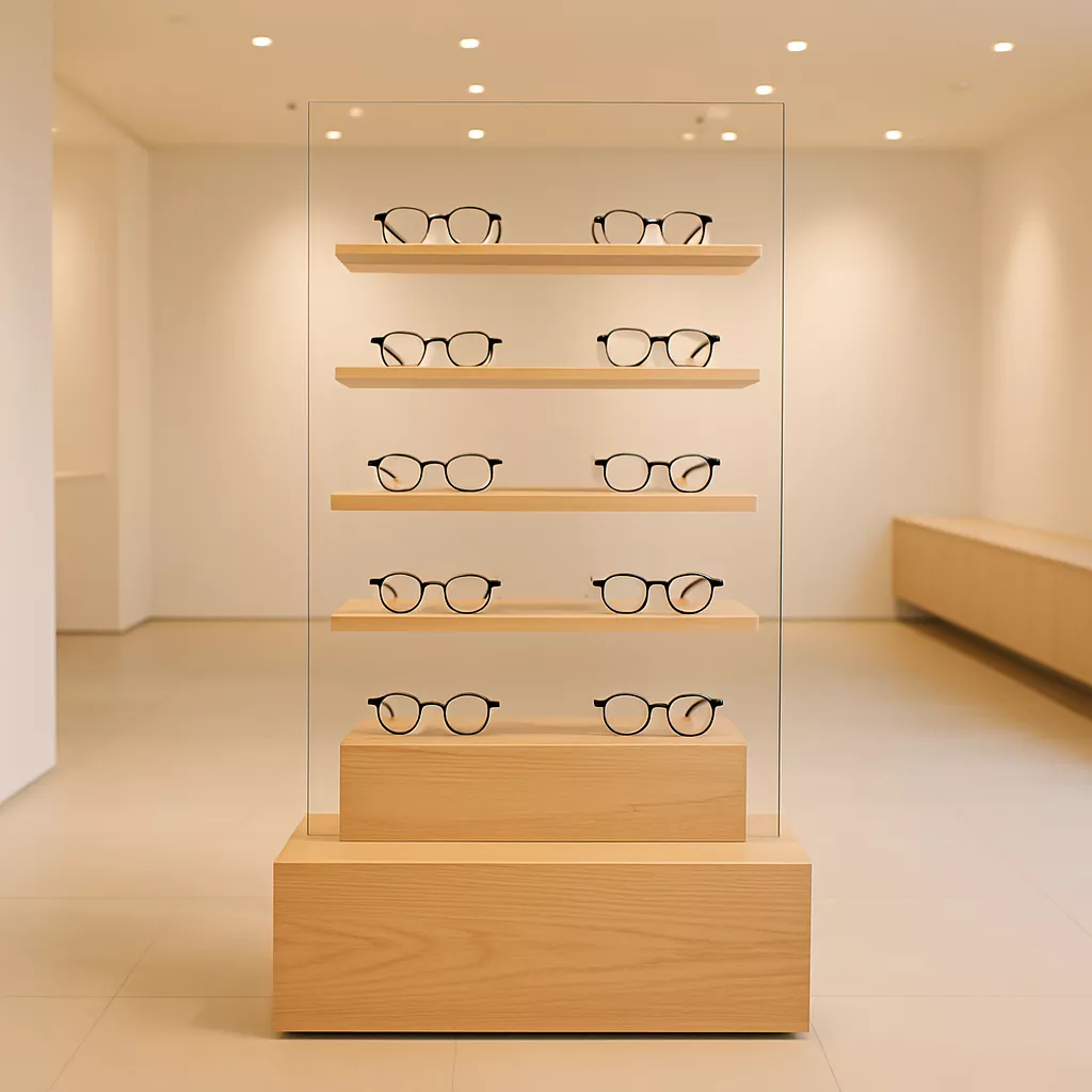Display kacamata modern yang menarik di toko kacamata