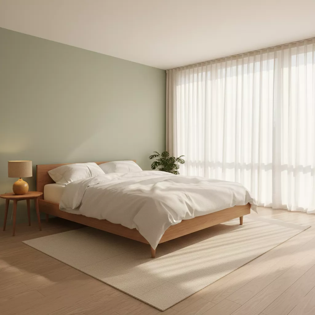 Kamar tidur gaya vintage minimalis dengan dinding hijau pastel dan lampu tidur retro