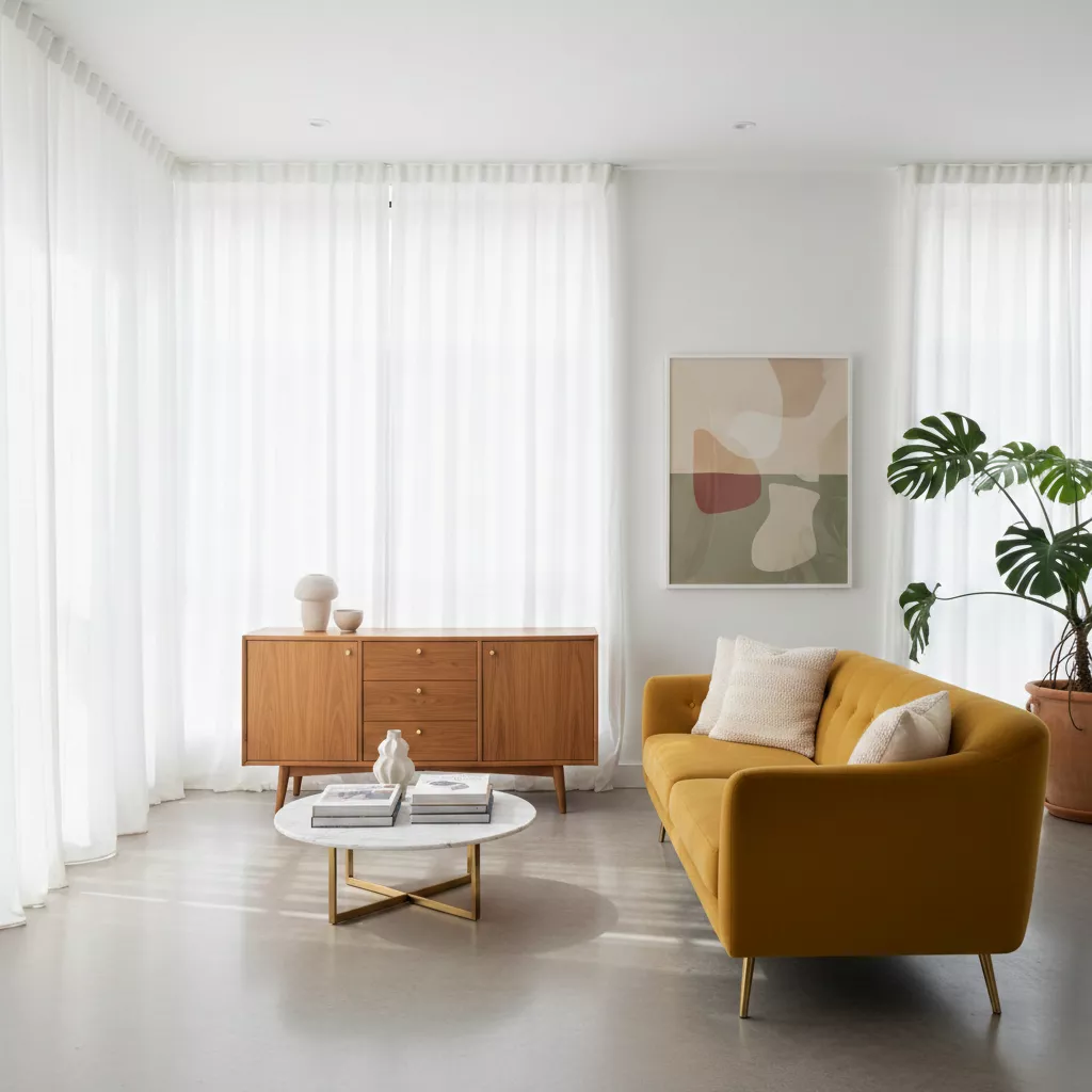 Ruang tamu desain interior rumah vintage minimalis dengan sofa kuning mustard dan lemari kayu jati