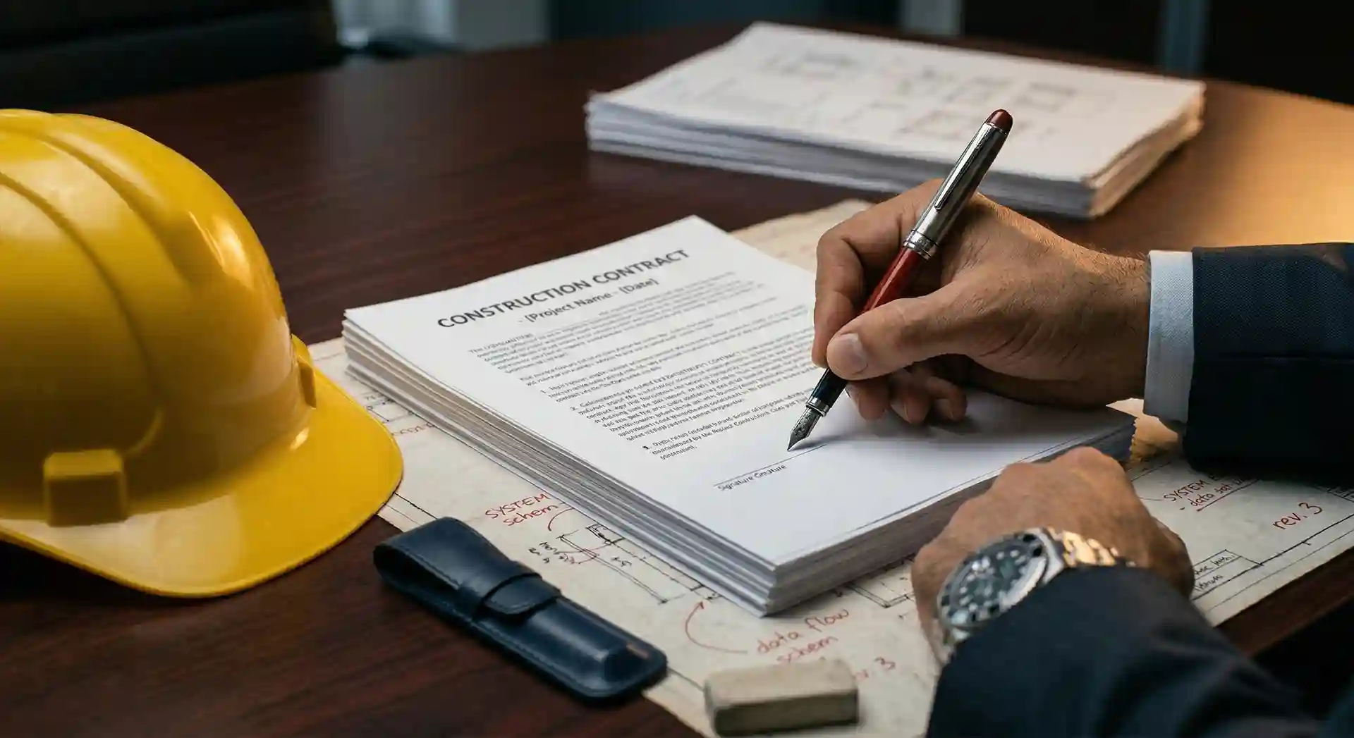 Dokumen kontrak konstruksi komersial dengan pasal-pasal mitigasi risiko yang sedang ditandatangani