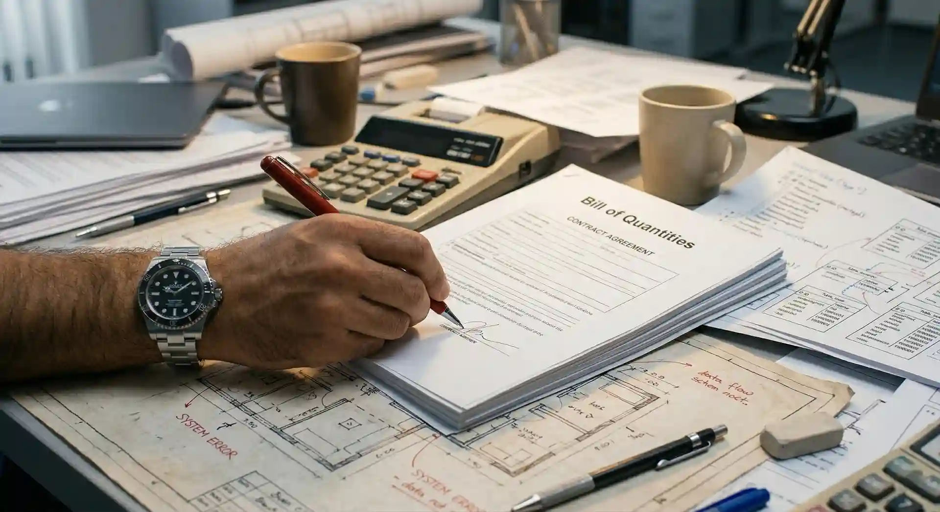 Dokumen perbandingan RAB interior komersial dan kontrak proyek di atas meja kerja