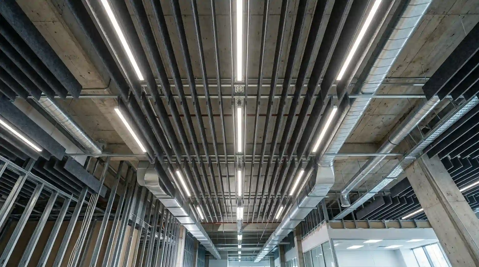 Instalasi panel peredam akustik di langit-langit ruang kerja komersial Instalasi panel peredam akustik di langit-langit ruang kerja komersial