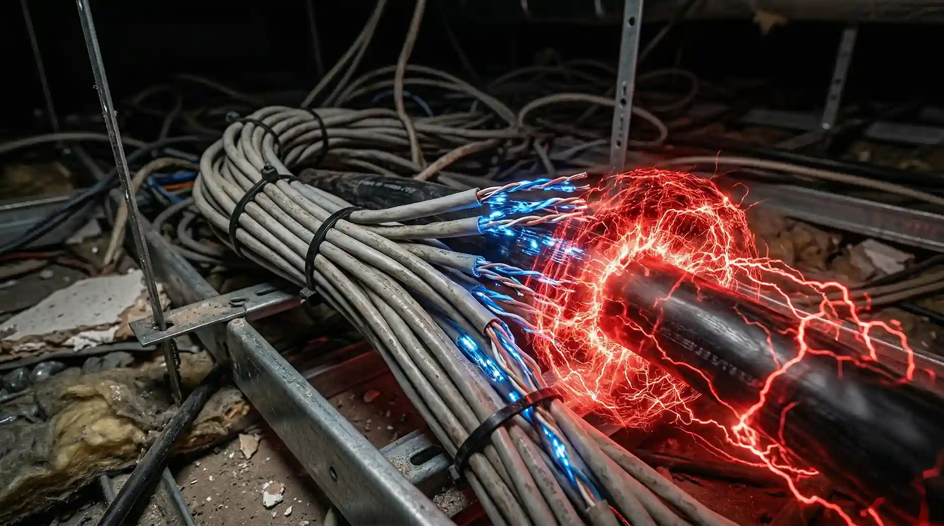 Kabel jaringan LAN yang berantakan dan berdekatan dengan jalur kelistrikan berisiko interferensi Kabel jaringan LAN yang berantakan dan berdekatan dengan jalur kelistrikan berisiko interferensi