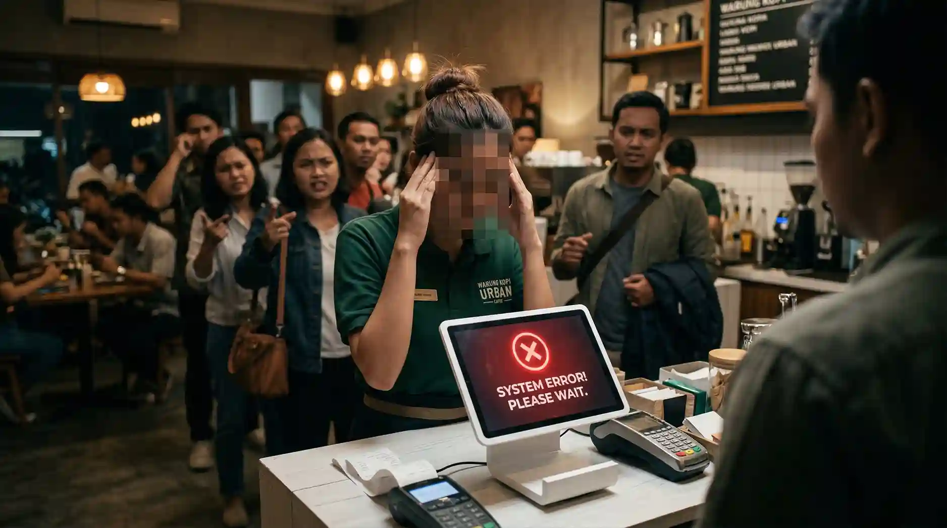 Karyawan kasir panik menghadapi antrean panjang pelanggan saat sistem point of sale restoran mati akibat internet terputus
