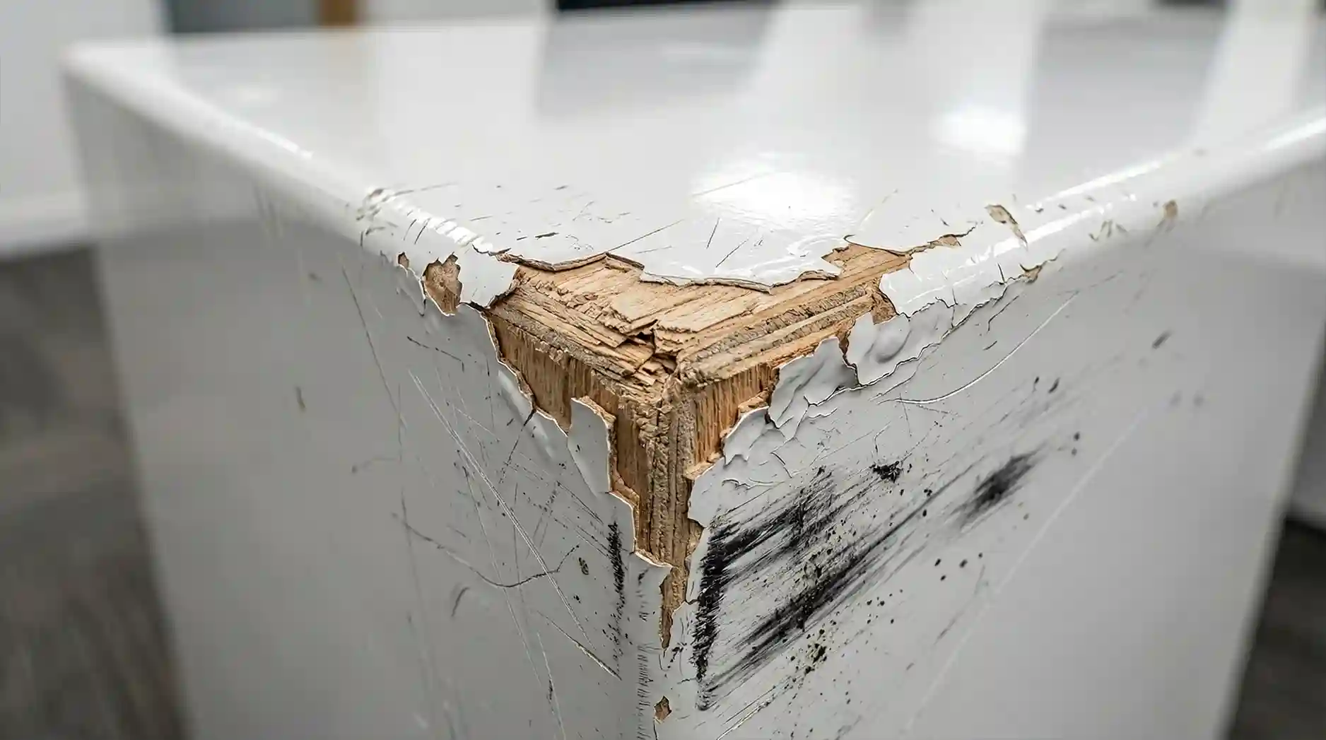 Kerusakan fisik meja resepsionis berlapis cat duco akibat gesekan ekstrem di lobi komersial Kerusakan fisik meja resepsionis berlapis cat duco akibat gesekan ekstrem di lobi komersial