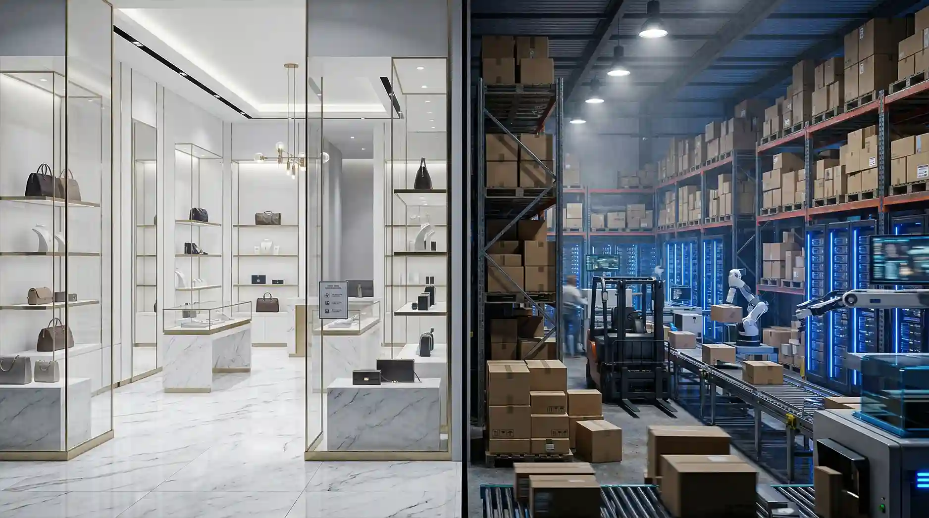 Perbandingan kontras antara ruko komersial kosong yang mahal dengan gudang distribusi logistik yang super sibuk Perbandingan kontras antara ruko komersial kosong yang mahal dengan gudang distribusi logistik yang super sibuk