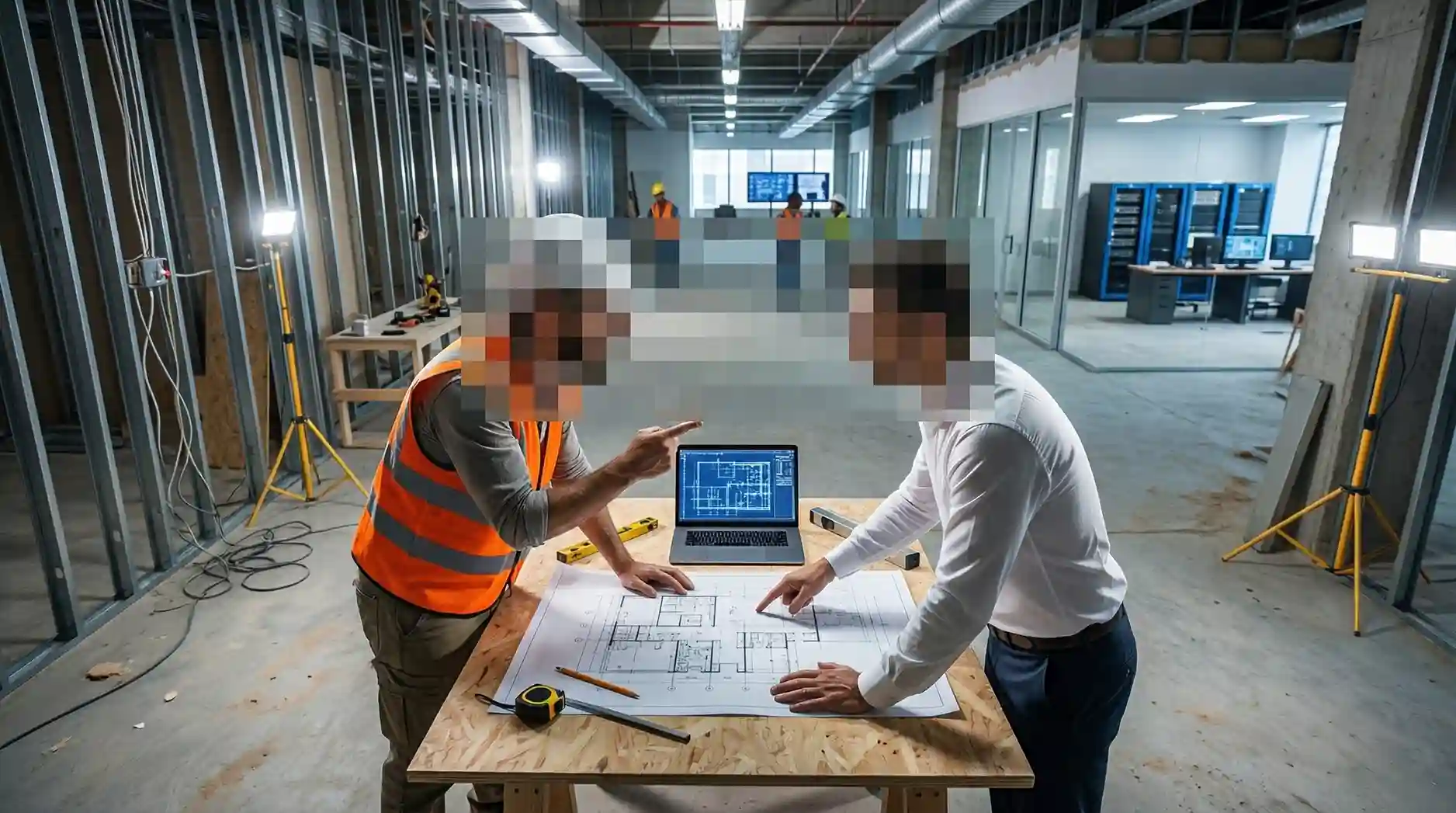 Rapat koordinasi lapangan antara manajer IT dan manajer konstruksi untuk memecahkan bottleneck jadwal proyek
