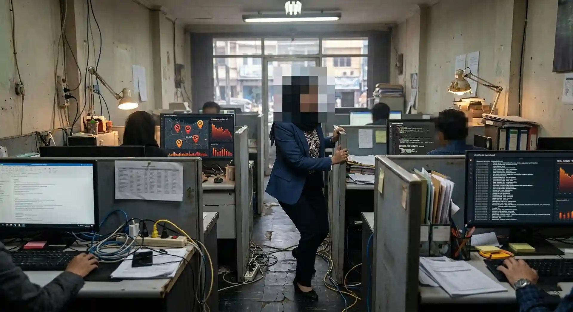 Suasana kacau ruko sempit dengan meja bertumpuk dan kabel berserakan sebelum renovasi