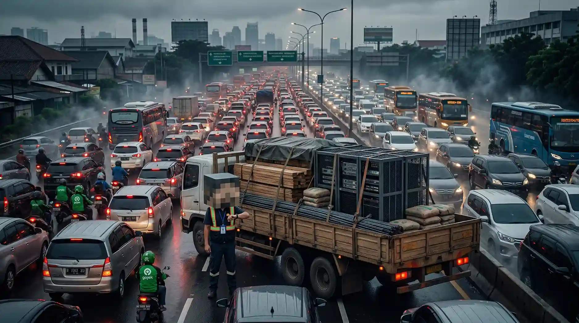 Truk pengiriman material konstruksi komersial yang terjebak kemacetan menyebabkan downtime proyek