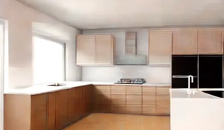 Dapur minimalis modern dengan dominasi warna putih, kabinet kayu terang, dan pencahayaan alami yang membuat ruangan terlihat luas dan bersih.