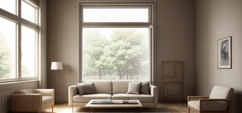 Desain interior ruang tamu minimalis yang terang dengan sofa beige dan pencahayaan alami matahari.