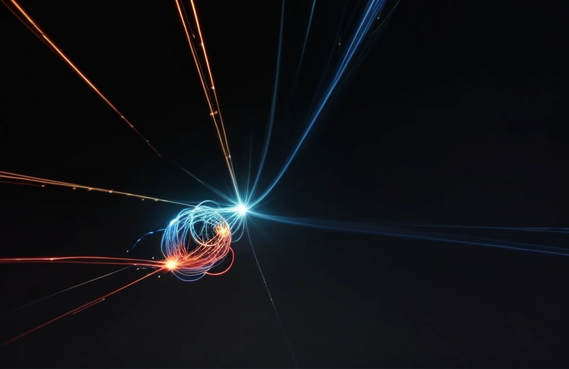 Diagram teknis menunjukan gelombang medan elektromagnetik dari kabel listrik merah menembus dan merusak aliran data biru pada kabel UTP Cat 6.
Prompt Generate: