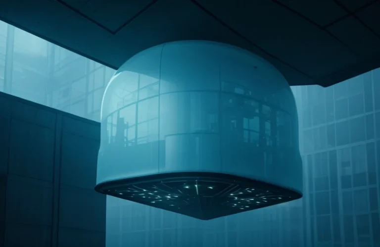 Ilustrasi konseptual arsitektur gedung kaca yang merusak paru paru pekerja dikontraskan dengan sistem sirkulasi pernapasan berbasis ventilasi mekanis.