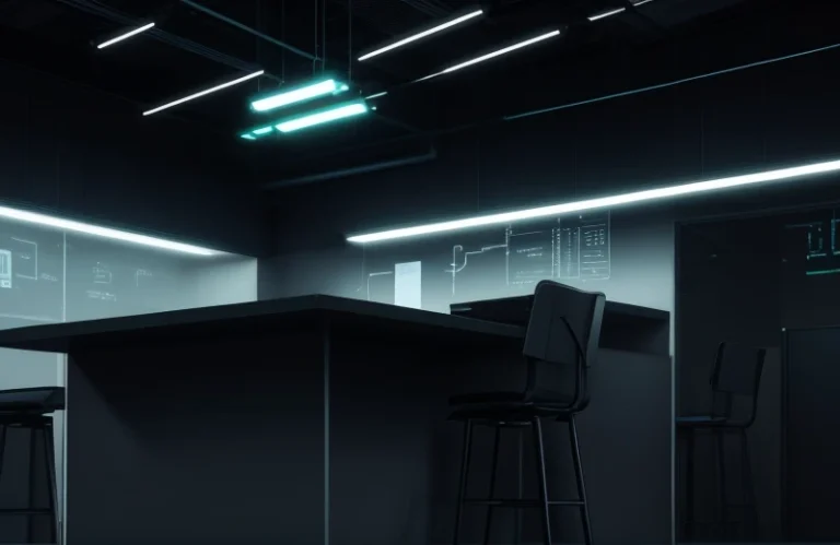 Ilustrasi konseptual benturan arsitektur interior estetika melawan hukum ketat utilitas ruang telekomunikasi kabel jaringan komersial