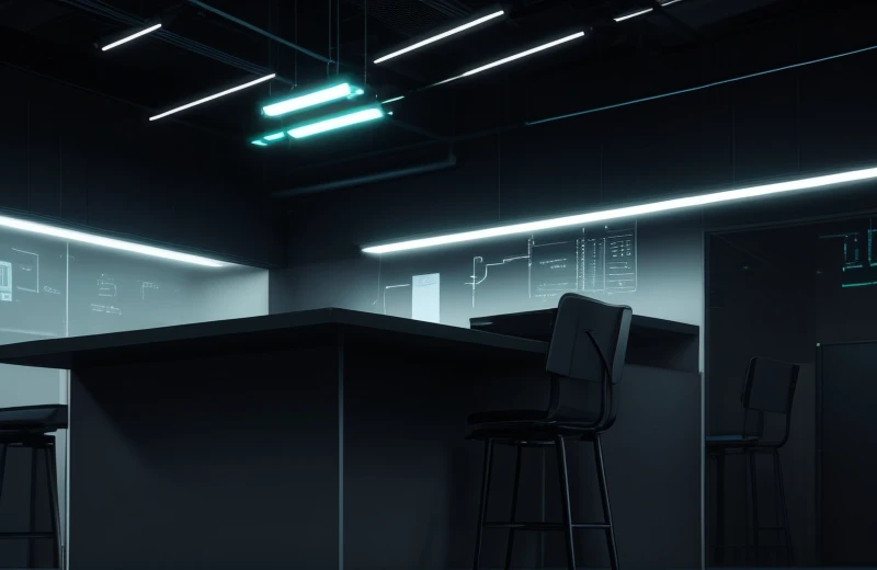 Ilustrasi konseptual benturan arsitektur interior estetika melawan hukum ketat utilitas ruang telekomunikasi kabel jaringan komersial