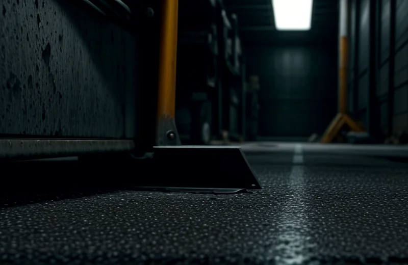 Kerusakan fatal lantai polimer yang robek akibat gesekan roda alat berat di area pergudangan.