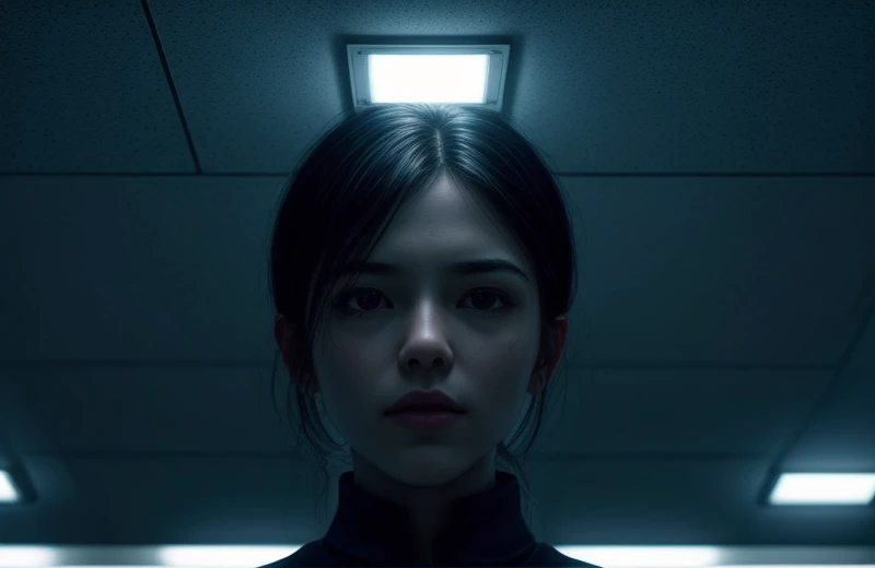 Kondisi silau berlebih akibat penggunaan lampu plafon spektrum biru dingin di area meja kerja administratif korporat.