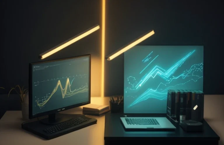 Representasi kontras antara tekanan mental akibat cahaya dingin yang menyilaukan dan fokus analitik dengan pencahayaan netral.