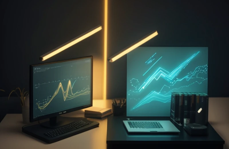 Representasi kontras antara tekanan mental akibat cahaya dingin yang menyilaukan dan fokus analitik dengan pencahayaan netral.