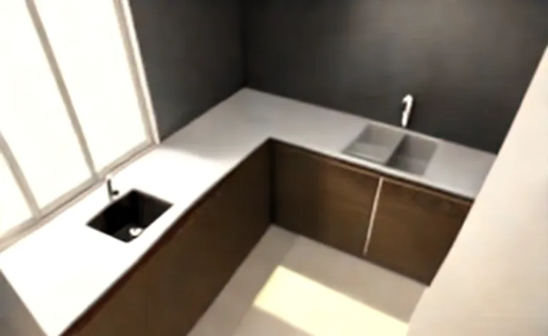 Tampilan atas desain dapur minimalis berukuran kecil yang sangat efisien, menampilkan tata letak pintar dengan penyimpanan tersembunyi dan island multifungsi.