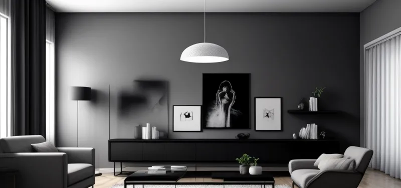 Konsep Interior Ruang Tamu Modern Minimalis Tampilan ruang tamu minimalis modern dengan aksen dinding abu-abu dan rak melayang.