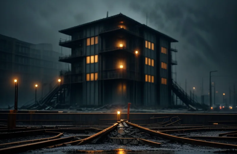 Tumpukan puing puing struktur baja proyek komersial yang rubuh akibat cuaca ekstrem dan menunggu investigasi adjuster asuransi.