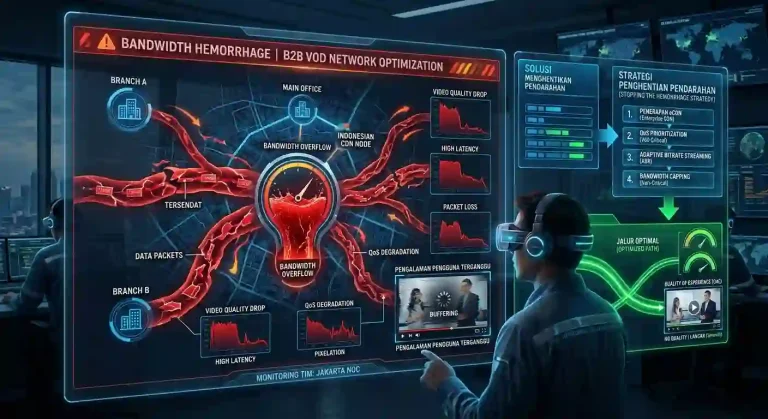 Ilustrasi visual hemoragi bandwidth pada jaringan Video on Demand B2B yang menunjukkan data tersendat dan kualitas video menurun.