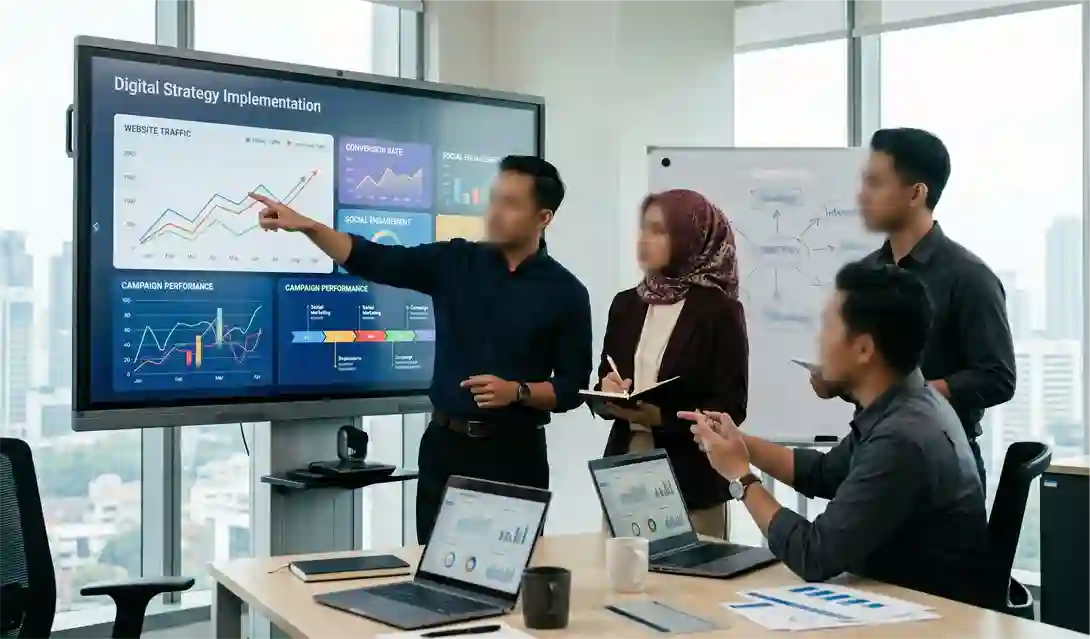 Tim bisnis menganalisis hasil implementasi strategi digital