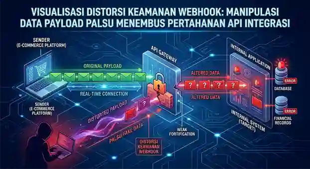 Visualisasi Distorsi Keamanan Webhook Ilustrasi serangan siber manipulasi data payload palsu yang menembus pertahanan integrasi API real-time