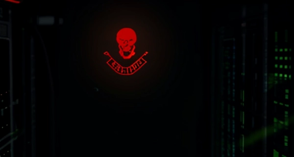 Visualisasi ancaman keamanan siber pada kontroler IoT gedung pintar dengan lampu indikator merah.