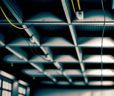 Tampilan inspeksi forensik lapangan yang mendeteksi instalasi jaringan kelistrikan (MEP) serampangan tanpa pelindung konduit di atas plafon kantor komersial.