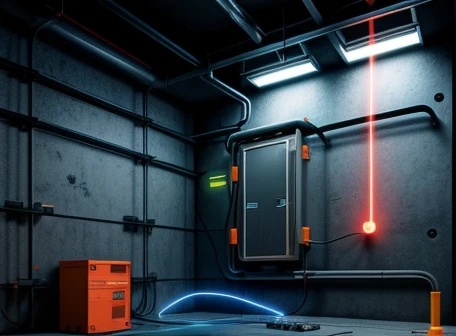 ilustrasi isometrik konseptual pelindung keamanan sirkuit instalasi kabel listrik kantor b2b dari risiko kebakaran