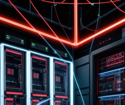 ilustrasi isometrik konseptual pemotongan jalur sirkuit kabel berulang pada jaringan server dengan tameng perisai