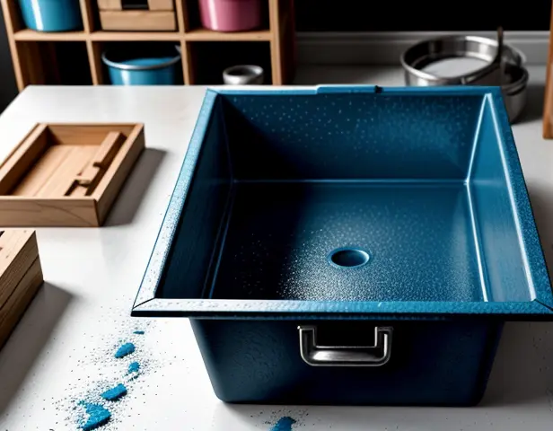 kaleng cat ukuran pail 20 liter disandingkan dengan rol pengecatan dan nampan tray berlumur cat