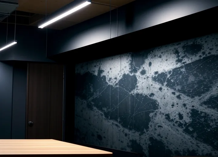 ilustrasi isometrik konseptual rekayasa transformasi dinding interior kantor menggunakan material pelapis presisi