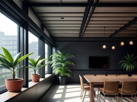 ROI Implementasi Biophilic Design Ruang Kerja Kreatif Ruang kerja modern dengan elemen biophilic dan cahaya alami