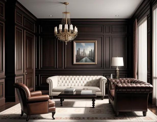 interior ruang direktur klasik modern dengan meja kayu jati solid dan sofa kulit chesterfield