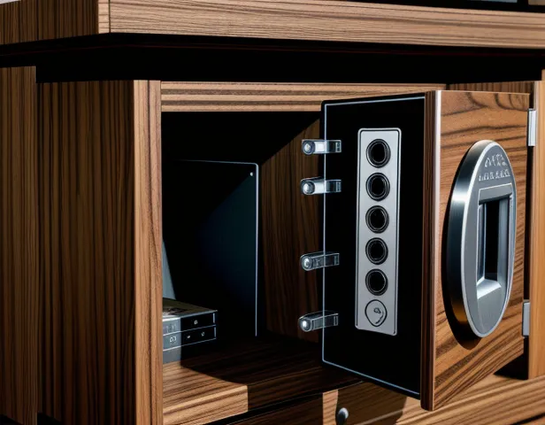 detail lemari credenza kayu klasik dengan kompartemen brankas baja tersembunyi