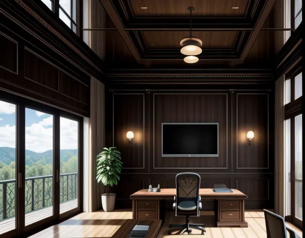 desain interior arsitektur 3d ruang direktur klasik modern terintegrasi infrastruktur digital pintar